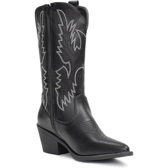 Women's Black Embroidery Western Cowgirl Boots Pull On Pointy Toe Mid Calf - Picture 4 of 6